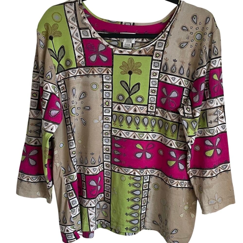 Chico’s Whimsical Artsy Boho Top Sz XL 3/4 Sleeves Pullover Stretch Colorful